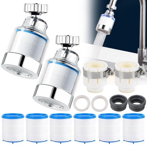 Funmo 2 Stück wasserfilter wasserhahn,360° drehbar wasserhahn filter, wasserhahnfilter für trinkwasser,mit 6 Stück PP-Baumwollfilterelement, 4 Stück Wasserhahn Entkalker Aufsatz von Funmo