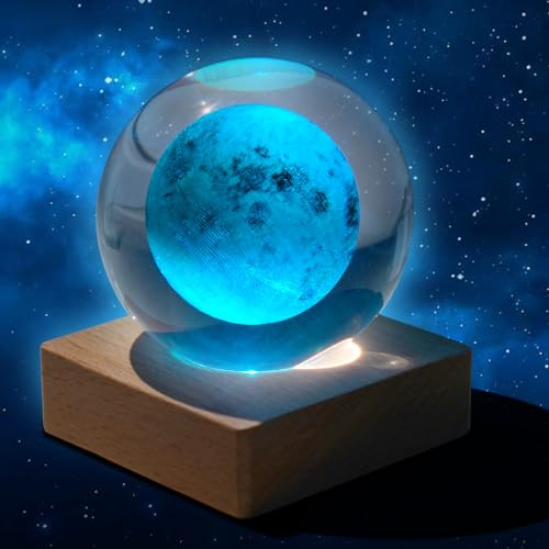 Funmo 3D-Kristallkugel, 60mm 3D Kristallkugel Nachtlicht,3D Lasergravur Weihnachten Glaskugel,Planet mit rundem Holzsockel, Halter für Nachtlicht, Heimdekoration, Ornament von Funmo