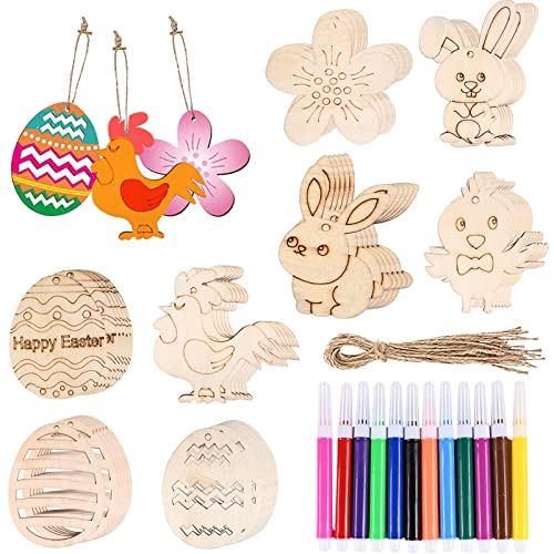 Funmo 48 Pieces Ostern Holzanhänger zum Bemalen mit Schnur, Ostern DIY Holzanhänger, Osterdekorationen aus Holz Ostereier Osterhase Blumen Küken Ornamente, Holzanhänger Ostern Deko für Kinder von Funmo