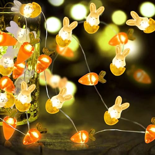 Funmo 50 LED Bunny Karotte Lichterkette, 5M Ostern Hase Lichterkette, Hasen Lichterkette, Ostern Lichterketten Hase LED Lichterkette Batteriebetrieben mit Timer (8 Lichtblitzmodi) von Funmo