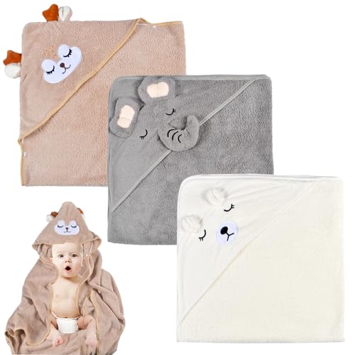 Funmo Baby Kapuzenhandtuch, 3 Stück Baby Badetuch Set, Kapuzenbadetüch für Kinder, Babyhandtuch Bambus Super Saugfähig, Kleinkind Badetücher mit DREI Mustern als Baby Geschenk von Funmo