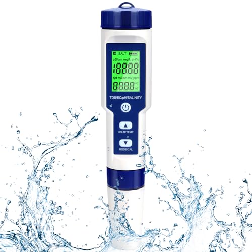 Funmo Digitales pH-Messgerät, 5 in 1 TDS/EG/Salz/Temperatur/pH-Tester mit Hintergrundbeleuchtung, IP67 Wassertester mit hoher Präzision, wasserdicht für Trinkwasser, Aquarien, Labor von Funmo
