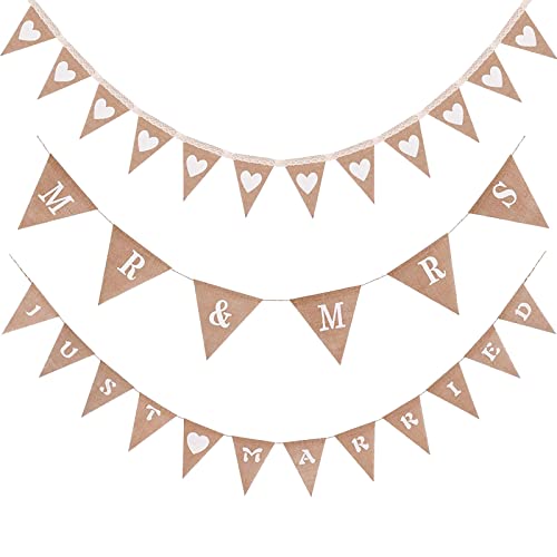 Funmo Hochzeitsdeko Wimpelkette Girlande, 3 Stück Just Married Girlande Mr Mrs Jute Bunting Banner Hochzeitsdeko Vintage Herz Hessischen Girlande, für Hochzeit Braut Verlobung Dekoration von Funmo