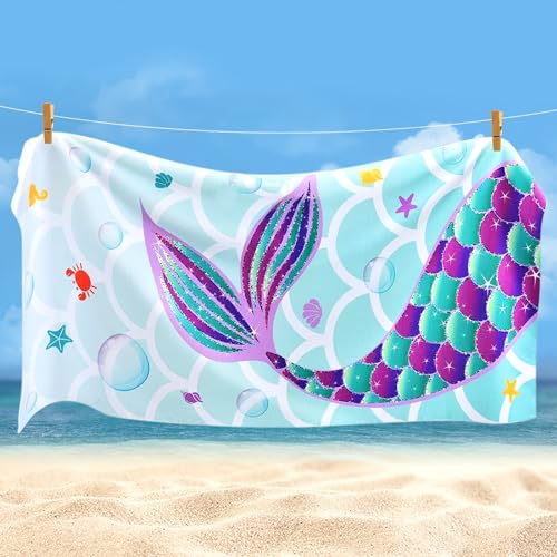 Funmo Meerjungfrau Strandtuch, 70 x 150 cm Mikrofaser Stranddecke, Kinderschnelltrocknendes Badetuch, leichtes und dünnes tragbares Saunahandtuch, schwimmendes Duschtuch für Mädchen von Funmo