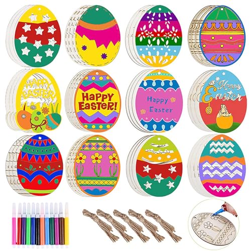 Funmo Ostereier Bemalen, 48 pcs Ostern Eier Holzscheiben mit Loch zum Aufhängen Easter Eggs, Ostern Basteln, Ostereier Deko, Eier zum Bemalen, für Draussen Innen Frühlingsdeko von Funmo