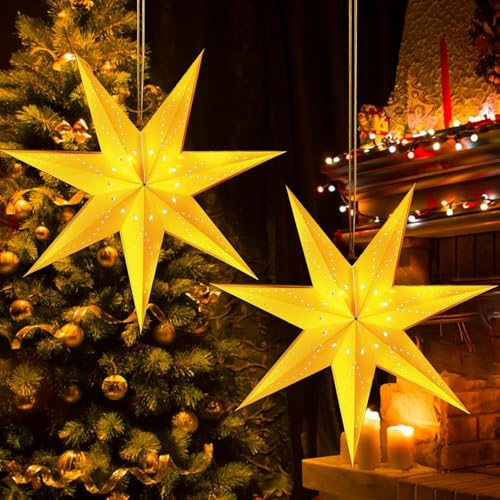 Funmo Weihnachten Papierstern Lampenschirm, Papier Stern Dekoration, Faltsterne Weiß Papierstern Beleuchtet, Deckenlampenschirm, Hängeornament für Weihnachten, Party, Heimdekoration (Big) von Funmo