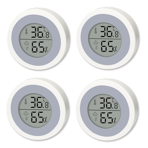 Digital Thermometer Innen, 4 Stück Mini LCD Thermometer Hygrometer Innen Raumthermometer Luftfeuchtigkeitsmesser mit Smiley-Indikator für Babyzimmer Wohnzimmer Büro Gewächshaus von Funmo