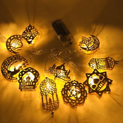 Ramadan Lichter Laterne,1.65M 10LED Ramadan Lichterkette,Eid Ramadan Laternen Lichterkette,Eid Ramadan Laternen,Warmweiß LED Muslim Ramadan Licht,Mond,Burg,Sterne,für Ramadan Dekoration (A) von Funmo