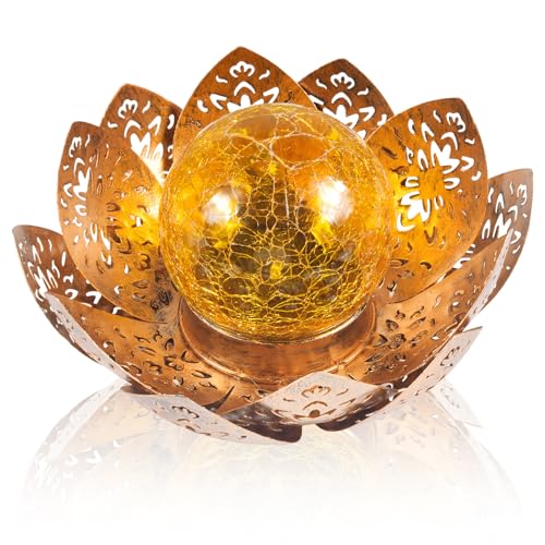 Solarlampen für Außen Lotus, Solar Lotusblüten Lampe Gartendeko, LED Solar Glaskugel Gartenleuchte, Solar Landschaft Lichter, Lotusblüte Solarlampe, Solar Lampe Outdoor Deko mit Crack Glas Kugel von Funmo