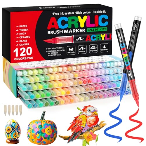 Funnasting 120 Farben Acrylstifte, Weiche Pinselspitze Acrylmarker, Acrylstifte Set für Steine Wasserfest, Färbung, Glas, Stoff, Ei und DIY-Handwerk von Funnasting