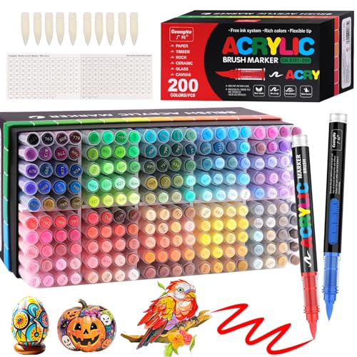 Funnasting 200 Farben Acrylstifte, Pinselspitze Acrylic Marker, Acryl Marker für Malen, Glas, Stoff, Ei, Steinmalerei und DIY-Handwerksartikel von Funnasting