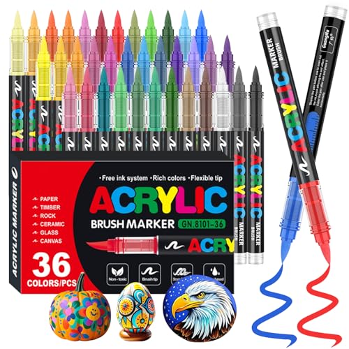 Funnasting 36 Farben Acrylstifte, Weiche Pinselspitze Acrylmarker, Acrylstifte Set für Steine Wasserfest, Färbung, Glas, Stoff, Ei und DIY-Handwerk von Funnasting