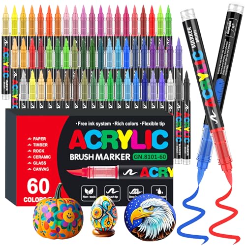 Funnasting 60 Farben Acrylstifte, Weiche Pinselspitze Acrylmarker, Acrylstifte Set für Steine Wasserfest, Färbung, Glas, Stoff, Ei und DIY-Handwerk von Funnasting