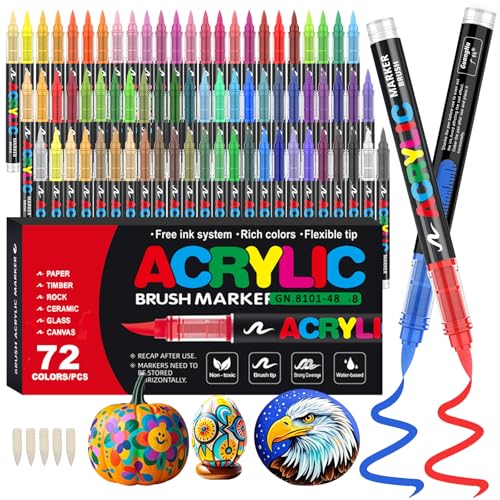 Funnasting 72 Farben Acrylstifte, Weiche Pinselspitze Acrylmarker, Acrylstifte Set für Steine Wasserfest, Färbung, Glas, Stoff, Ei und DIY-Handwerk von Funnasting