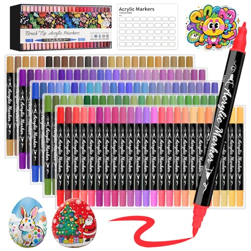 Funnasting Acrylstifte, 120 Farben Doppelspitze Acrylmarker, Acrylstifte Set mit Fein- und Pinselspitze für Glas-, Stoff-, Keramik-, Eier- und Felsmalerei von Funnasting