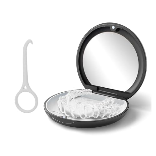 Funngy Zahnspangendose,Zahnprothesen Behälter Kieferorthopädischer Retainerkoffer Zahnprothesen Box mit Spiegel and Aligner Removal Tool Tragbare Aufbewahrungsbox für Aufbissschiene Knirscherschiene von Funngy
