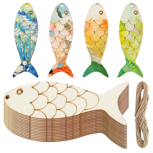 Holzausschnitte in Fischform,30 PCS Unfertige Fischform-Holzausschnitte zum Bemalen Kleine Holzfische Deko mit Hanfseil für Kinder DIY Basteln Ozean-Tier-Themen aus unbehandeltem Holz Holzausschnitte in Fischform,30 PCS Unfertige Fischform-Holzausschnitte zum Bemalen Kleine Holzfische Deko mit Hanfseil für Kinder DIY Basteln Ozean-Tier-Themen aus unbehandeltem Holz von Funngy