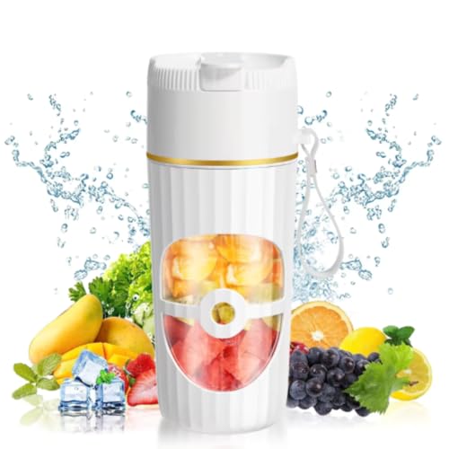 Tragbarer Mixer kabellos Smoothie Maker To Go elektrisch mini Entsafter 450ml USB-C Anschluss wiederaufladbar Blender Glas+PP 6 scharfe Edelstahlklingen Standmixer für unterwegs, Trinkhalm (Weiss) von Funny Cookware