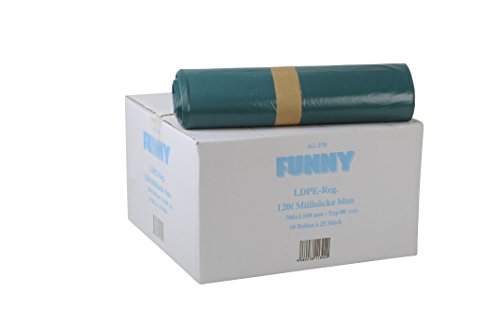 Funny LDPE-Regenerat Müllsacke, Typ 80, blau, gerollt, 120 l, 1er Pack (1 x 250 Stück) von Funny