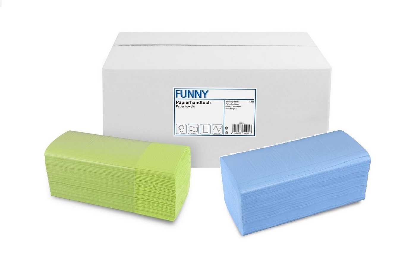 Funny Papierhandtuch farbig, Zellstoff, 2-lagig, 4000 Blatt, praktischer ZZ/V-Falz für Spender in Medizin, Gastronomie und Studios von Funny