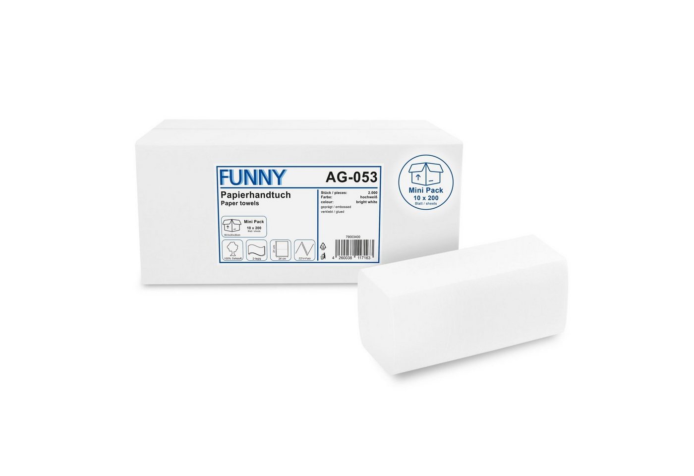 Funny Papierhandtuch Zellstoff hochweiß, 2-lagig, 24 x 21 cm, 2.000 Blatt, ZZ/V-Falz von Funny