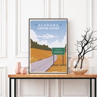 Alabama Reiseposter, Print, Kunstdruck, Poster, Dekor, Amerika Landschaft, State, Modernes Home Dekor von FunnyStitchesCo