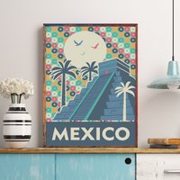 Chichen Itza Print, Poster, Mexiko Retro Farben Kunst, Druck, Wandkunst, Pyramiden Dekor von FunnyStitchesCo