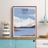 Indien Reise Poster, Sikkim Druck, Kangchenjunga Berg, Gurudongmar See, Tibet Berge, Himalaya Landschaft, Kunst, Nationalpark von FunnyStitchesCo