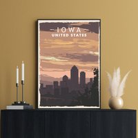 Iowa Reise Poster, Des Moines City Skyline, Wandkunst, Print, Dekor, Büro Wand Dekor, Poster Drucke, State Map von FunnyStitchesCo