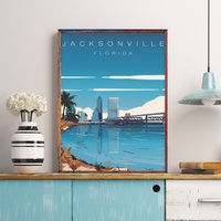 Jacksonville Travel Poster, Skyline, Florida Wandkunst, Geschenke, John T. Alsop Jr. Bridge, San Marco, Usa Print von FunnyStitchesCo