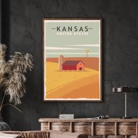 Kansas Travel Poster, Rustikaler Druck, Kunstdruck, Print, Midwest Art, Map, Red Barn, Llandscape Illustration von FunnyStitchesCo