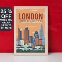 London Travel Poster, Retro Print, England Wandkunst, United Kingdom Dekor, Vintage Stil, Skyline, Uk Kunstwerk, Bishopsgate von FunnyStitchesCo