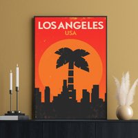 Los Angeles Travel Poster, Kalifornien Print, Skyline Art, Palmen Deko, Hollywood Der Goldene Zustand, Pazifikküste, Strand Sonnenuntergang von FunnyStitchesCo