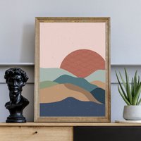 Mid Century Modern Poster, Naturdruck, Landschaftskunst, Terrakotta Wandkunst, Boho Sonnenuntergang, Sonne Und Berge Neutrale Große Wandkunst von FunnyStitchesCo