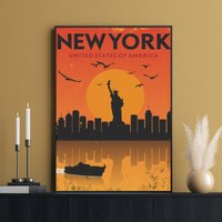New York Travel Poster, Liberty Statue, City Skyline, Print, Wall Art, Nyc United States Art von FunnyStitchesCo
