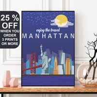 New York Travel Poster, Liberty Statue, City Skyline, Print, Wall Art, Nyc United States Art von FunnyStitchesCo