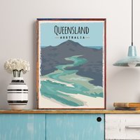 Queensland Travel Poster, Whitehaven Beach, Whitsunday Island, Australien Print, Great Barrier Reef, Catseye Seaside Print von FunnyStitchesCo