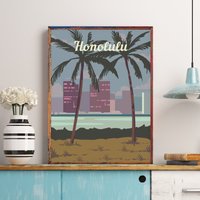 Retro Hawaii Travel Print, Wall Art, Hawaiian Decor, Vintage Poster, Maui Beach Coastal Honolulu Skyline von FunnyStitchesCo