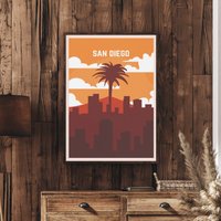 San Diego Travel Poster, Druck, Nordkalifornien Kalifornien Wandkunst, Beach, Skyline, Strand Sonnenuntergang von FunnyStitchesCo