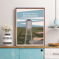 Texas Travel Poster, Round Rock Print, Skyline, Art, Greater Austin, Decor, Wall Usa City Landmark von FunnyStitchesCo