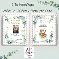2 Seiten Tortenaufleger Großes Blech Kommunion Offenes Buch Tortendeko Kelch Fisch Eukalyptus Gold von Funnybake
