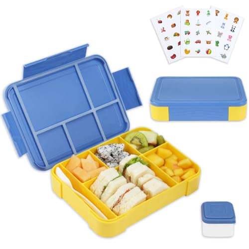 Funnydin Lunchbox, 1330ML Brotdose, brotdose kinder mit fächern, 6 Fächer Design, Mikrowelle & Geschirrspüler, Brotdose Kinder mit Löffel Gabel Salat Soßen Box(Blau) von Funnydin