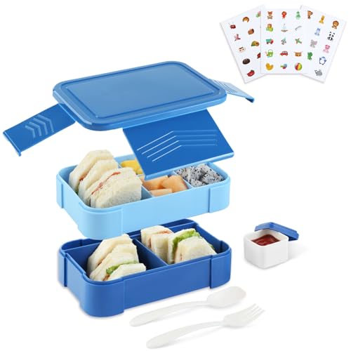 Funnydin Lunchbox, 1550ML Brotdose für Kinder/Erwachsene, brotdose kinder mit fächern, Mikrowelle & Geschirrspüler, Auslaufsiche Brotdose Kinder mit Löffel Gabel Salat Soßen Box(Blau) von Funnydin