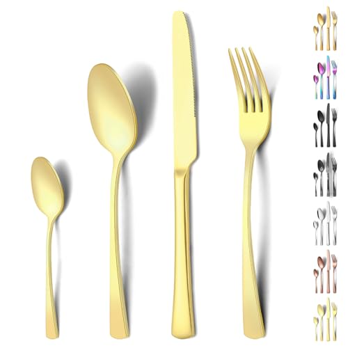 Funnydin 24 Stück Besteck Set 6 Personen, Premium-Edelstahl Besteck Set mit Gabel, Messer, Löffel, Spülmaschinenfest, Einzigartig und Elegant in Champagner-Look von Funnydin