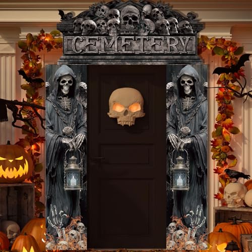 Funnymoom Halloween-Friedhofstür-Dekorationen, Halloween-Friedhofs-Torbogen, Türabdeckung, Gothic-Mansion, hängende Banner, gruseliges Skelett, Schädel, Veranda, Schild für den Außenbereich, Spukhaus von Funnymoom