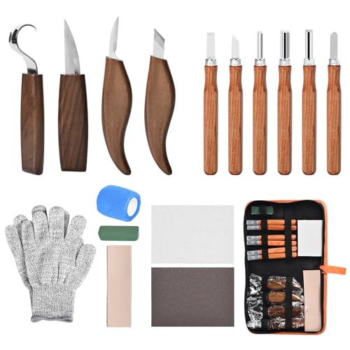 17 in 1 Whittling Kit, Holzschnitzwerkzeuge-Set, Holzbearbeitungsset, Chrom-Vanadium-Stahl Schnitzmesser Holz Whittling Kit für Anfänger mit Aufbewahrungstasche, Geschenke für Bastelliebhaber von Funnytek