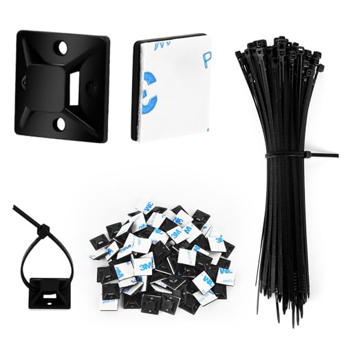200Stück Klebesockel für Kabelbinder Schwarz, Kabelbinder Halter Selbstklebende Basishalter Kabelklemme Set mit Mehrzweck(Kabel-binder Länge 150mm, Halterung Breite 25 mm) von Funnytek