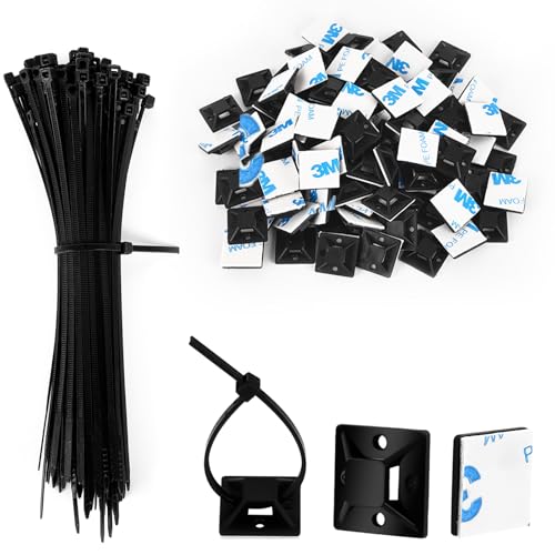 300Stück Klebesockel für Kabelbinder Schwarz, Kabelbinder Halter Selbstklebende Basishalter Kabelklemme Set mit Mehrzweck(Kabel-binder Länge 120/150mm, Halterung Breite 20 mm) von Funnytek