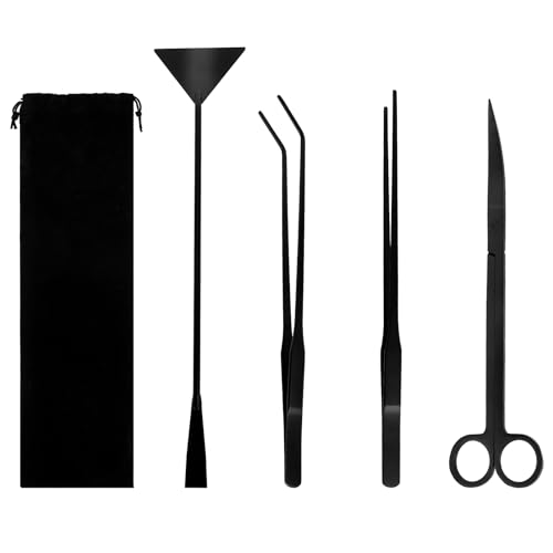 4 Stück Edelstahl Aquarium Tools Zubehör Lange Pinzette Schere Spachtel Werkzeugset Tool Set mit Aufbewahrungstasche Aquarium Reinigungsset für Aquarium Starter,Aquarium Pflanzen Set, Schwarz von Funnytek