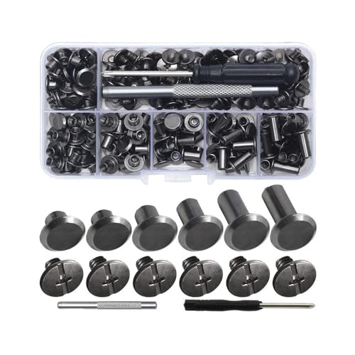 Chicago-Schrauben, M5 x 4/5/6/8/10/12 mm, Chicago-Schrauben, sortiertes Kit mit Einstellwerkzeugen, Buchbindungsnieten, Pfosten, Metall-Flach-Kreuzkopf-Schraubnieten für DIY-Lederdekoration, 110 Stück von Funnytek